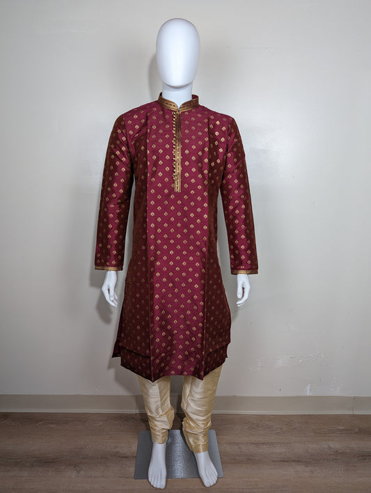 Men's golden embroidery kurta set - Red