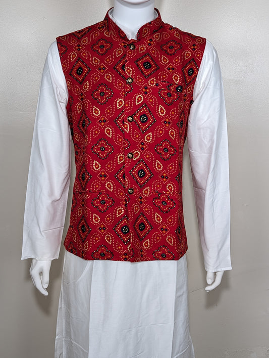 Men's 3 piece bandhini style kurta set - Red